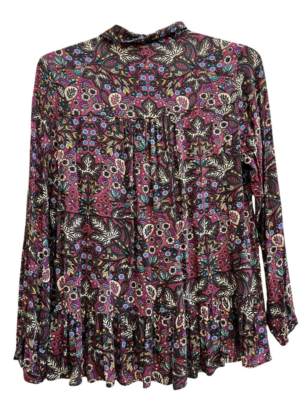 Anthropologie Maeve Janie Flounced Peplum Blouse Burgundy Floral Boho Tie Neck 6 - Picture 3 of 8
